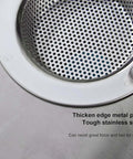 Close-up of Stainless Steel Kitchen Sink Strainer Set 4.5 Inch Wide Rim, Heavy Duty Rust Resistant, showing thick edge and perforations.