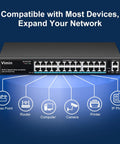 Front view of 26-Port Gigabit PoE Switch with 24 PoE Ports and 2 Uplink Ports, unmanaged, all metal design, compatible with devices.