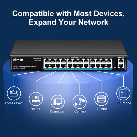 Front view of 26-Port Gigabit PoE Switch with 24 PoE Ports and 2 Uplink Ports, unmanaged, all metal design, compatible with devices.