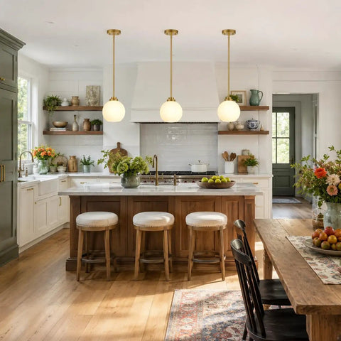 Two Pack Brushed Gold Globe Pendant Lights With Mid Century Modern Vibes And Smooth Opal Glass Shades Totally Adjustable Hanging Fixtures above kitchen island.