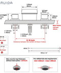Diagram of Waterfall Roman Tub Faucet With 3 Hole Widespread Mount, Dual Handle Bath Filler With Brushed Nickel Finish dimensions