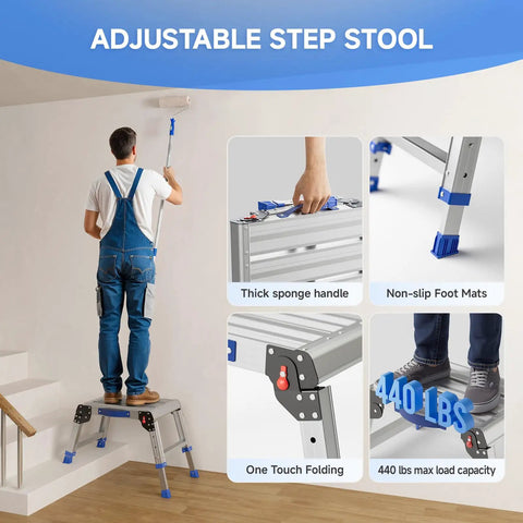 Foldable Aluminum Step Stool For Adults Portable Work Platform That Supports Up To 440 Pounds One Click Folding For Easy Storage Safe And Stable Rust Resistant Construction Great For Home Garage And Shop Tasks used for painting wall indoors