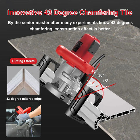 Heavy Duty Tile Chamfering Machine Packs Hardcore 1200 Watt Muscle Cuts Tile Like Butter At 13000 RPM For Silky Smooth Wet Edges showing 43-degree chamfering angle.