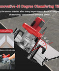 Heavy Duty Electric Tile Chamfer Machine Knocking Out Slick Bevels On Massive Ceramic Tiles Using A Zippy 13000 Rpm Motor Wet Cutting Rig With Solid Mounting Bracket, 43 degree angle shown.