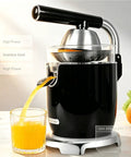 Heavy Duty Electric Citrus Juicer Press With Two Cones For Fresh Orange And Lemon Juice pouring juice into a glass.