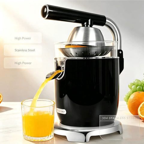 Heavy Duty Electric Citrus Juicer Press With Two Cones For Fresh Orange And Lemon Juice pouring juice into a glass.