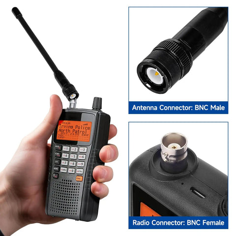 Close-up of a hand holding a radio with a BNC Dual Band Handheld Scanner Antenna 2 Pack Flexible 6 Inch for VHF UHF connection details.