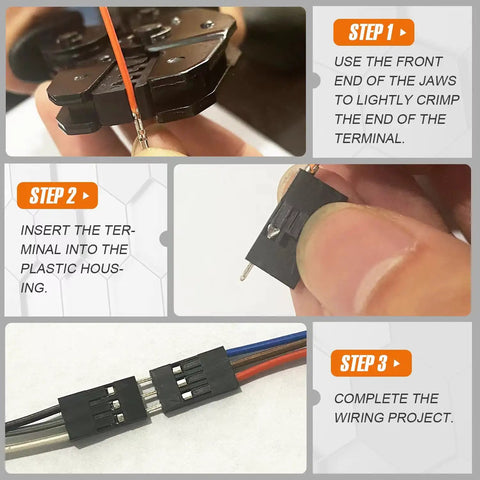 Self Adjusting Ratchet Crimping Tool Kit For AWG 23 To 17 Wire With 2.54mm Dupont Terminal Connectors usage steps