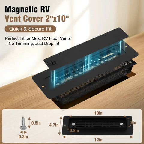 Aluminum RV Floor Vent Cover Kit 2x10 Magnetic Removable Floor Register Trap Black Inside for RV Heater Vent Replacement