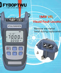 Front view of FYBOPTWU 3-in-1 fiber optic tester with optical power meter and 1 mW VFL, bluegray handheld with red probe
