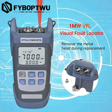 Front view of FYBOPTWU 3-in-1 fiber optic tester with optical power meter and 1 mW VFL, bluegray handheld with red probe