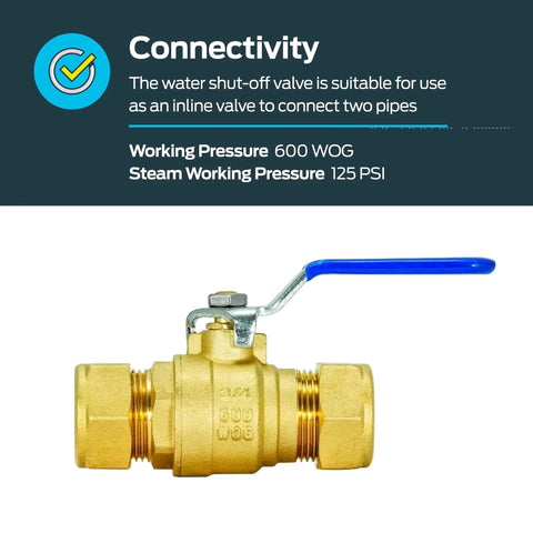 Full Port Brass Ball Valve With Three Quarter Inch Compression Ends Inline Water Shut Off Valve For Plumbing No Fuss Easy Grip Vinyl Coated Steel Lever Reliable Flow Control Model 20097LF