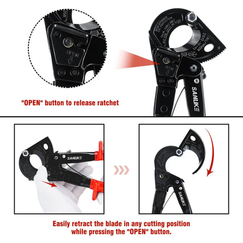 Heavy Duty Ratchet Cable Wire Cutter Chops Copper And Aluminum Like A Hot Knife Through Butter Quick Release Lever with retracting blade mechanism.