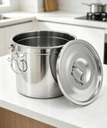 Heavy Duty 304 Stainless Steel Airtight Food Storage Container With Locking Lid And Clips Hella Spacious 33 Liters Canister on kitchen counter