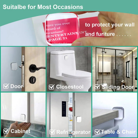 Self Adhesive Door Stopper Bumper Guards Keep Walls Scratch Free From Doorknob Dings Shock Absorbent Gel Shields for various surfaces.