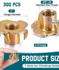 Three Eighths Inch T Nuts Sixteen Thread Four Pronged Tee Nuts Zinc Plated Steel Corrosion Resistant Seven Sixteenths Inch Barrel Length Iridescent Zinc Finish Beefy 300 Pack For Rock Climbing Holds Wood And Cabinetry, detailed size measurements shown