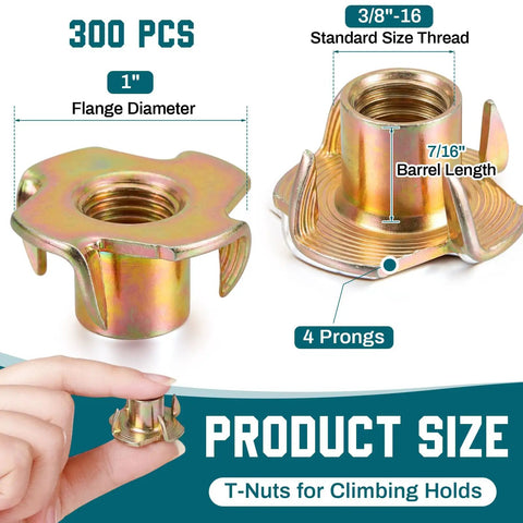 Three Eighths Inch T Nuts Sixteen Thread Four Pronged Tee Nuts Zinc Plated Steel Corrosion Resistant Seven Sixteenths Inch Barrel Length Iridescent Zinc Finish Beefy 300 Pack For Rock Climbing Holds Wood And Cabinetry, detailed size measurements shown