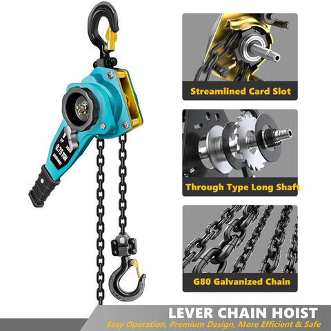 Manual Lever Chain Hoist 3/4 Ton Capacity, 1650 Lb Load, 5 Ft Ratchet Chain Puller with G80 Chain and Safety Brake, Blue Finish