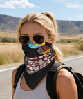 Woman wearing Soft And Silky Square Scarf With Premium Dope Belt Inspired Print, versatile fashion accessory as headscarf outdoors.
