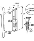 Diagram of Flush Mount Sliding Glass Door Handleset Non-Keyed With Night Lock And Hook Latch, 6 5/8 Inch Hole Spacing, White Diecast.
