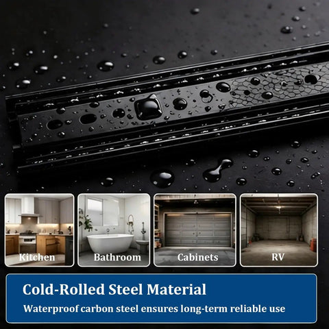 Close-up of Black Side Mount Drawer Slides 3-Section Full Extension Silent Ball Bearing with moisture-resistant steel.