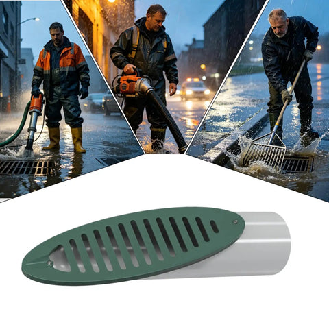 Angled Drainage Grate For Yard And Outdoor Drainage, 4 Inch Emitter Grate With Built In Grille Cover shown with installation examples