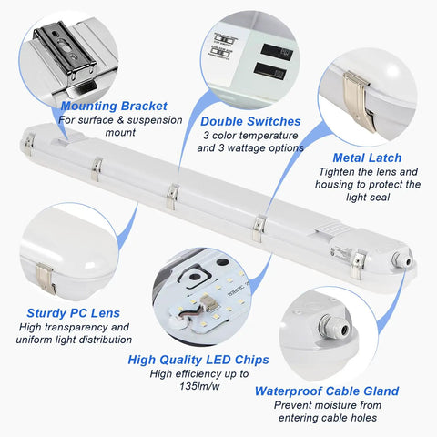 Rugged Four Foot Vapor Tight Shop Light With 40W 50W 60W Selectable Power And 3000K To 5000K Tunable CCT IP66 Waterproof ETL features