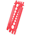 Red Quick Bolt Sizer Tool for Nuts and Bolts, Metric and SAE Gauge, plastic with size and thread gauge display, side view.