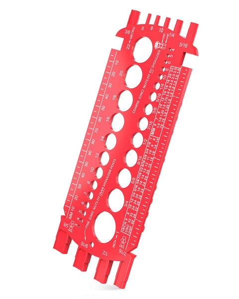 Red Quick Bolt Sizer Tool for Nuts and Bolts, Metric and SAE Gauge, plastic with size and thread gauge display, side view.