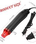Compact 3 Pack Heat Gun Hot Air Tool For Crafting And Epoxy Resin Projects Fast Heating Blower For Vinyl Wrap And Paint Drying Sleek 300W Black Device showing dimensions and plug design.
