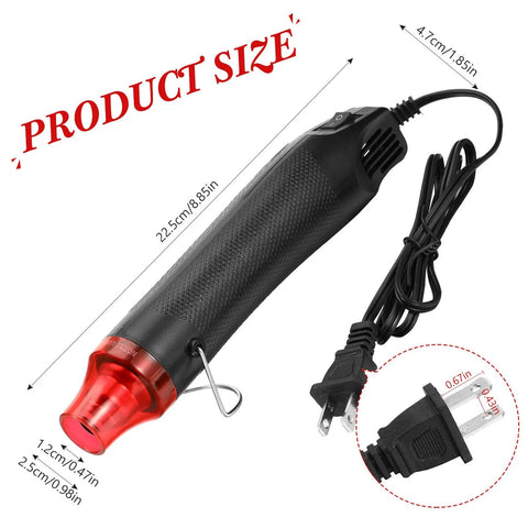 Compact 3 Pack Heat Gun Hot Air Tool For Crafting And Epoxy Resin Projects Fast Heating Blower For Vinyl Wrap And Paint Drying Sleek 300W Black Device showing dimensions and plug design.