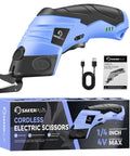 Rechargeable Cordless Electric Fabric Scissors And Cardboard Cutter With Tungsten Steel Blade, blue ergonomic design with charger and manual.