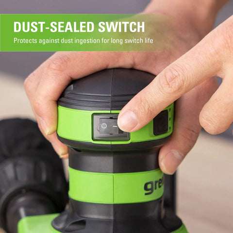 Close-up of the dust-sealed switch on a Cordless 24V 5-Inch Random Orbital Sander Kit With Variable Speed, 2Ah Battery And Charger Included