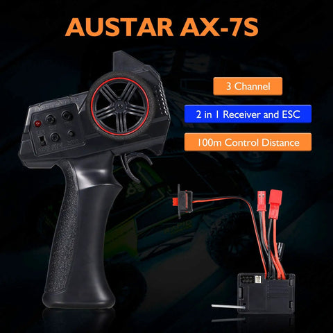 2.4G 3CH RC Transmitter With 2 In 1 Receiver ESC for 1 to 32 scale RC cars and boats, featuring long range control and smooth steering.
