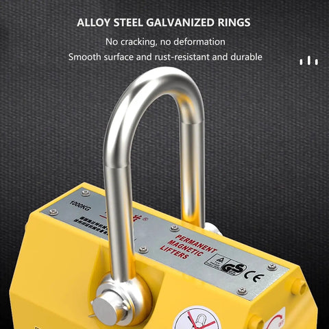 Heavy Duty Permanent Magnet Lifter With Quick Release Handle For 6600 Pound Steel Plates And Round Bar Hoist Tool showcasing alloy steel rings.