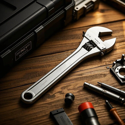 Must Have 15 Inch Adjustable Wrench Set With Wide Jaw, Heavy Duty Crescent Tools, Forged Steel Chrome Plated On Workbench