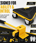 Heavy Duty Furniture Movers For Heavy Objects Set Includes 4 Triangular Moving Dollies with pry bar and gloves, showcasing anti-slip surface.