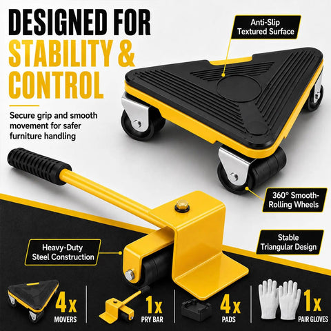 Heavy Duty Furniture Movers For Heavy Objects Set Includes 4 Triangular Moving Dollies with pry bar and gloves, showcasing anti-slip surface.