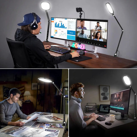 Video Conference Lighting For Computer And Webcams Dimmable 15W Ring Light With Desk C Clamp and Swing Arm setup for workstations.