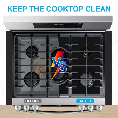 Comparison of a dirty and clean gas range with Stove Top Protector For Gas Ranges, 0.4mm Thick Reusable Burner Covers in use.