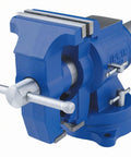 Heavy Duty Multi Purpose Bench Vise With Rotating Pipe Jaws And Swivel Base 360 Rotation Built In Anvil, blue cast iron, 5 inch jaw.