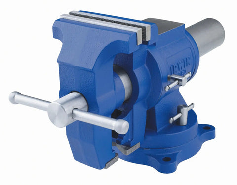 Heavy Duty Multi Purpose Bench Vise With Rotating Pipe Jaws And Swivel Base 360 Rotation Built In Anvil, blue cast iron, 5 inch jaw.