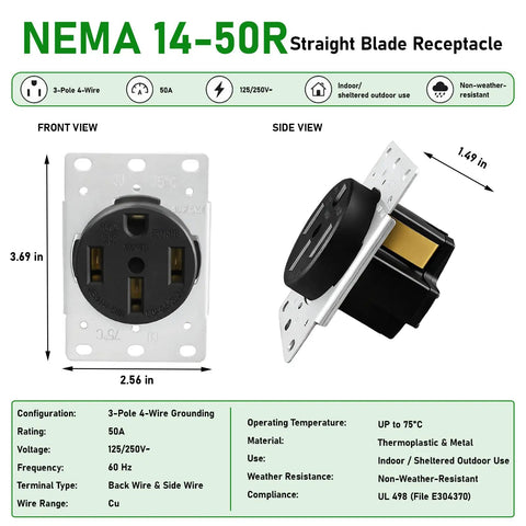 Heavy Duty Nema 14-50R 50 Amp EV Charging Outlet With Wall Plate Solid Grounding For Rv Dryer Welder Ready To Roll Built Straight Tough For Serious Juice At 125 Or 250 Volts A Real Knockout For Your Garage Setup front and side views with dimensions.