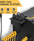 Heavy Duty Power Tool Organizer With Built In Charging Station And 200 Pound Load Capacity Three Tier Wall Rack Eight Drill Holders Two Side Pegboards And Extra Hooks For A Super Handy Garage Or Workshop featuring plugged-in chargers