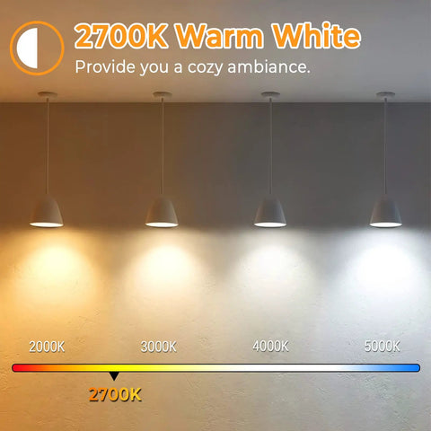 Lighting display showing 2700K warm white ambiance with spectrum chart, illustrating cozy light from 4 Pack Vintage LED Edison Bulbs.