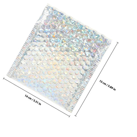 Silver Bubble Envelope Mailers 15x13cm displaying holographic surface and dimensions for Self Seal Padded Shipping Bags