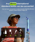 Woman holding Outdoor Personal Water Filtration Straw For Camping And Hiking, attached to a bottle, under blue sky