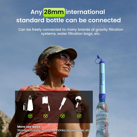 Woman holding Outdoor Personal Water Filtration Straw For Camping And Hiking, attached to a bottle, under blue sky