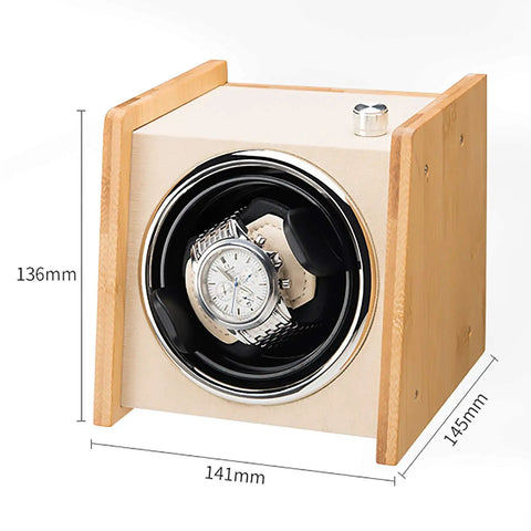 Wooden Dope Watch Winder Box For Automatic Watches with 141x145x136mm size, showcasing dual power supply rotating device.