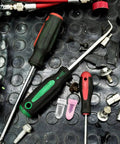 61Pcs Vacuum Tire Repair Nail Kit With Screwdriver For Cars, Motorcycles And Trucks, tools displayed on rubber mat